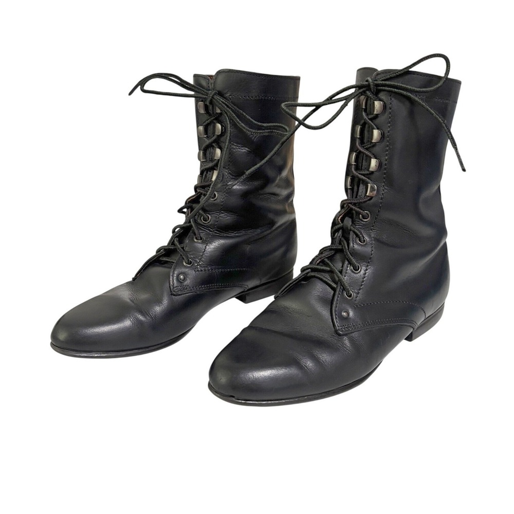 Dexter - Vintage Black Leather Lace Up Boots - Granny Style Mid Calf Size 8M S3